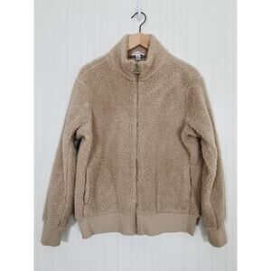 Calvin Klein Womens Jacket Coat Size Medium Beige Sherpa Full Zip Mock Neck Cozy